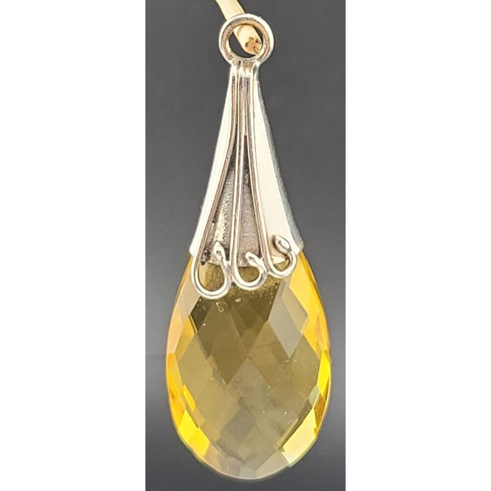 Brilliant Yellow Faceted Glass Silver Plated Filigree 2" Pendant